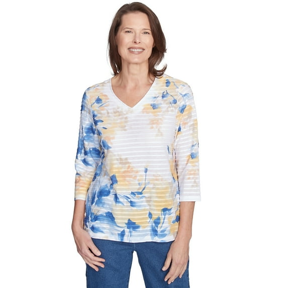 Alfred Dunner Womens Petite Floral Textured V Neck Top