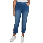 ALFRED DUNNER Womens Petite Floral Vine Embroidered Denim Ankle Pant