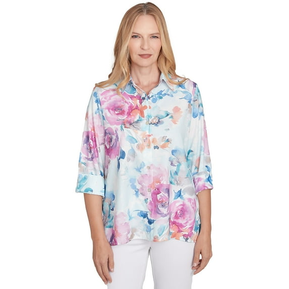 Alfred Dunner Womens Petite Floral Watercolor Button Down Top