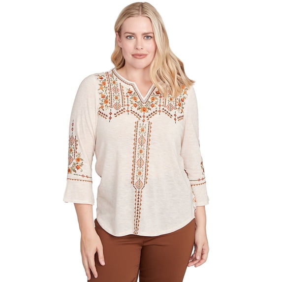 Alfred Dunner Womens Petite Geometric Floral Embroidery Printed Top