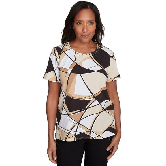 Alfred Dunner Womens Petite Geometric Top With Detailed Neckline