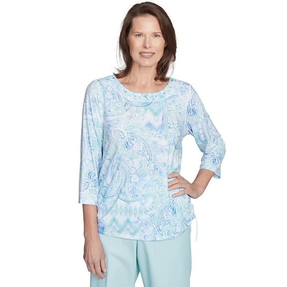 Alfred Dunner Womens Petite Island Mint Paisley Ruched Side Top