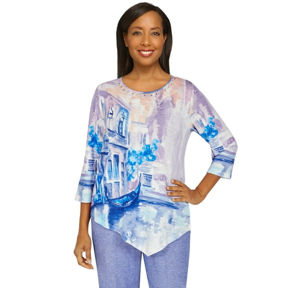 Alfred Dunner Womens Petite Italian Scenic Asymmetrical Top