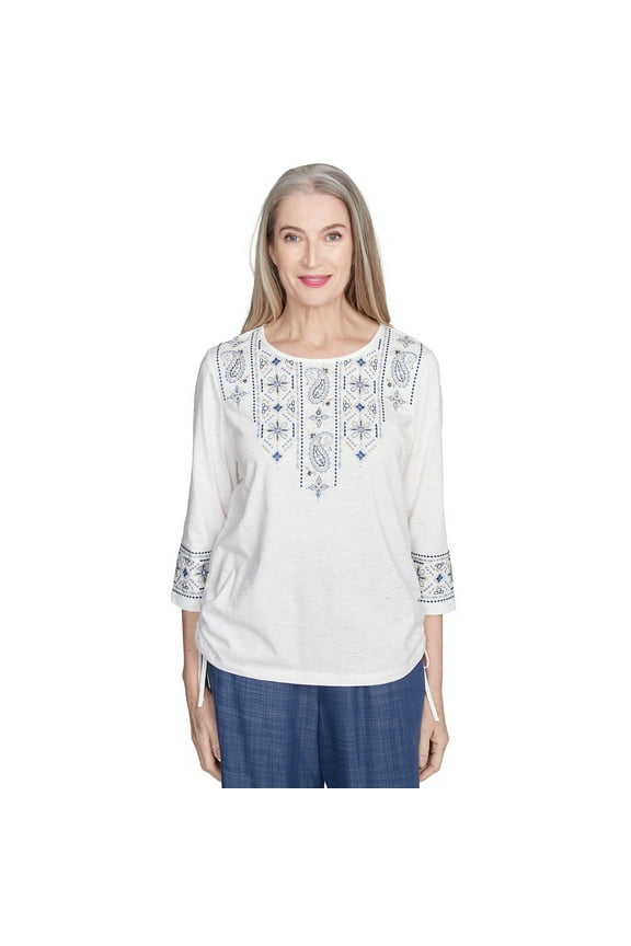 Womens Petite Linear Embroidered Tie Sleeve Top