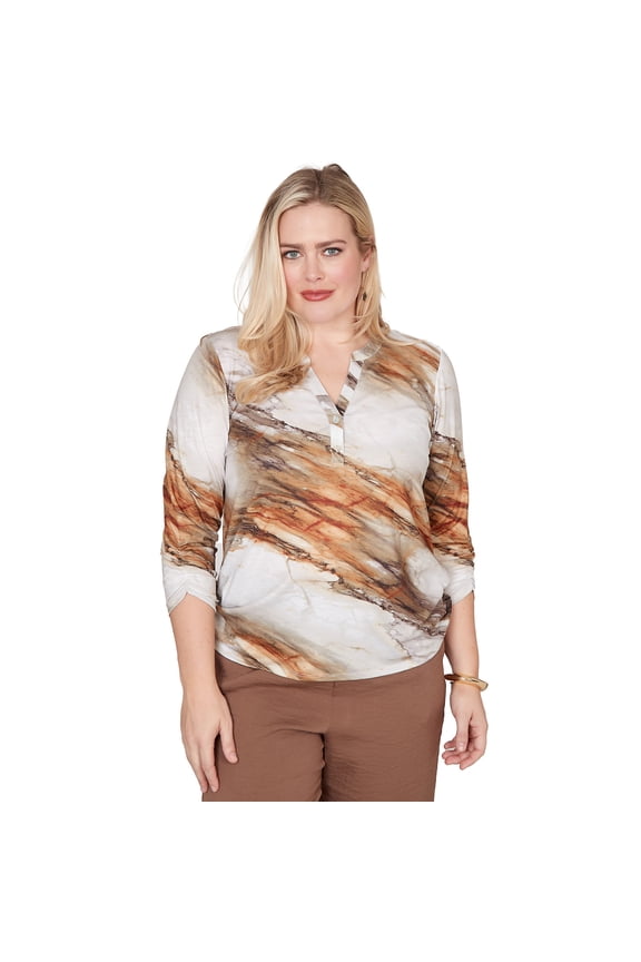 Womens Petite Marble Print Split Neck Top