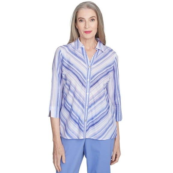 Alfred Dunner Womens Petite Mitered Iris Stripe Button Down Top