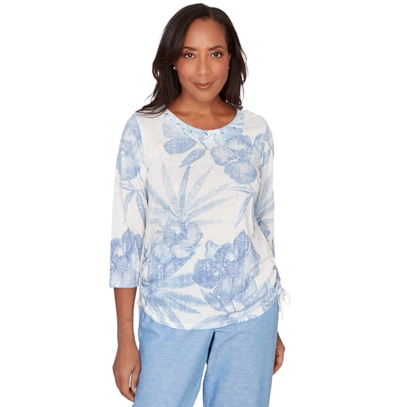 Alfred Dunner Womens Petite Monotone Dramatic Floral Tropical Top