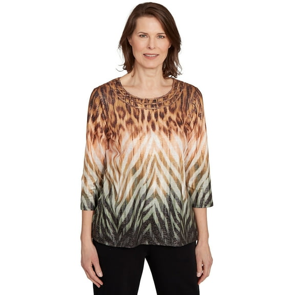 Alfred Dunner Womens Petite Ombre Animal Skin Three Quarter Sleeve Top