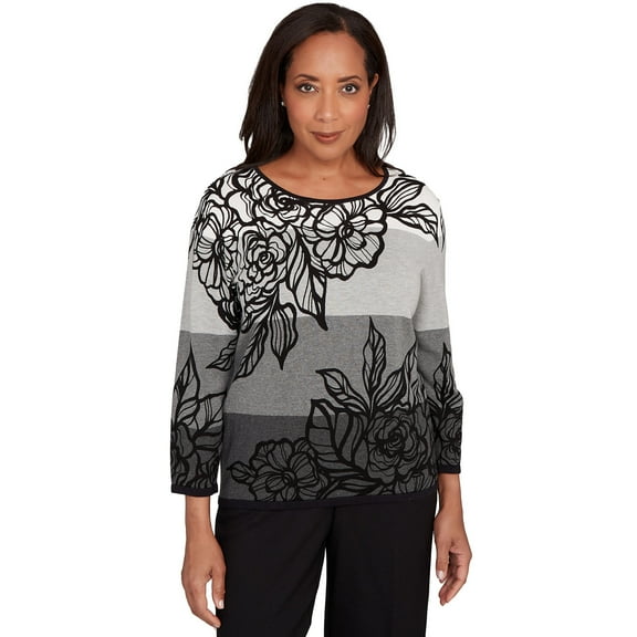 Alfred Dunner Womens Petite Ombre Floral Block Stripe Sweater