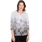Alfred Dunner Womens Petite Ombre Scroll Split Beaded Neck Top