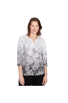 Womens Petite Ombre Scroll Split Beaded Neck Top