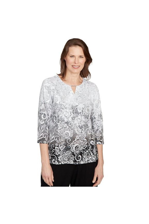 Womens Petite Ombre Scroll Split Beaded Neck Top