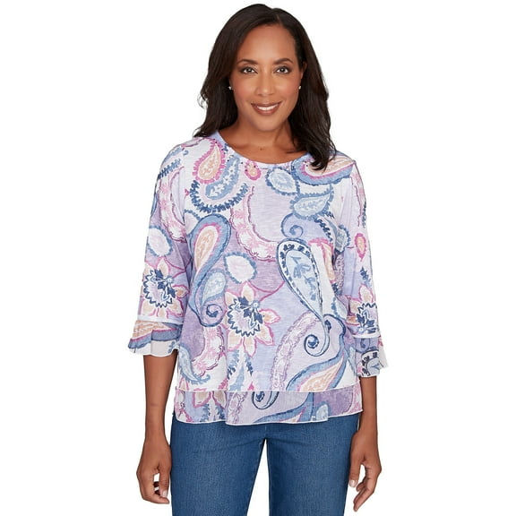 Alfred Dunner Womens Petite Paisley Print Layered Hem Knit Top