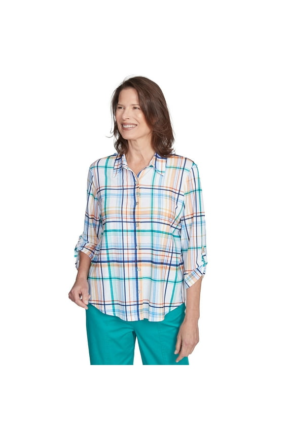 Womens Petite Plaid Knit Button Front Top