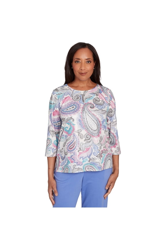 Womens Petite Pleated Paisley Crew Neck Top