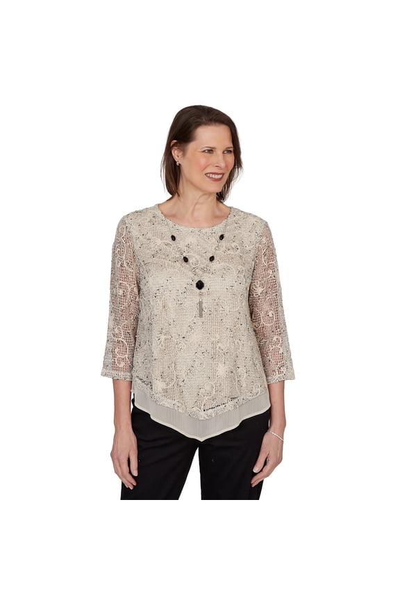 Womens Petite Popcorn Mesh Pointed Hem Top With Necklace