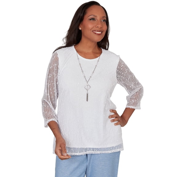 Alfred Dunner Womens Petite Popcorn Mesh Solid Top With Necklace