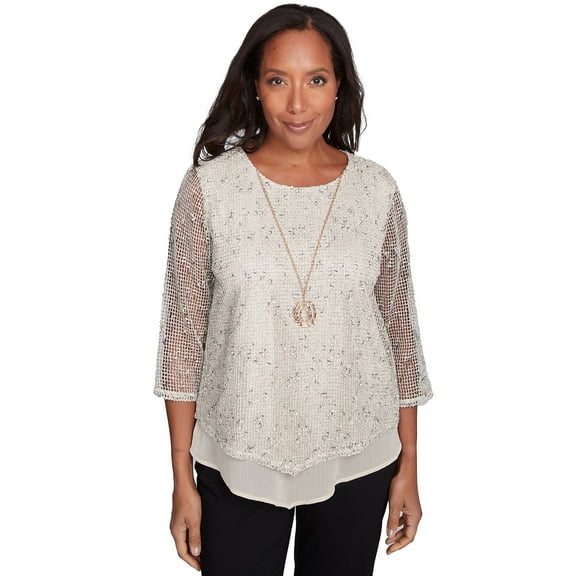Alfred Dunner Womens Petite Popcorn Mesh Speckled Top With Necklace