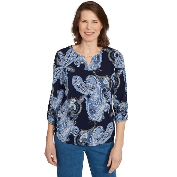 Alfred Dunner Womens Petite Puff Print Paisley Gold Foil Top