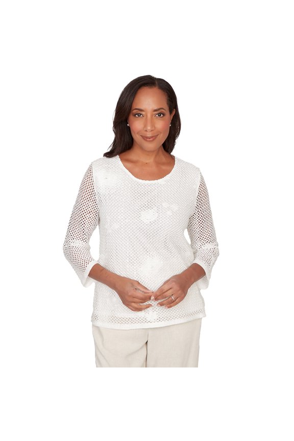 Womens Petite Sequin Mesh Flower Top