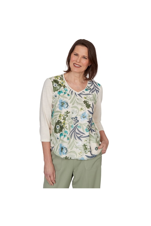 Womens Petite Sequined Floral Mesh Overlay Knit Top
