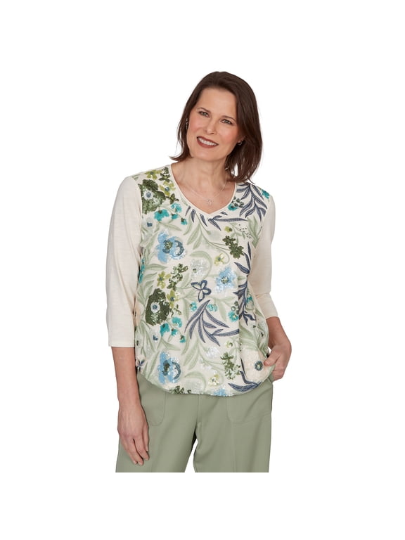 Womens Petite Sequined Floral Mesh Overlay Knit Top