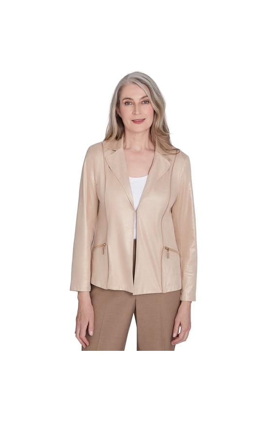 Womens Petite  Shimmer Faux Leather Jacket