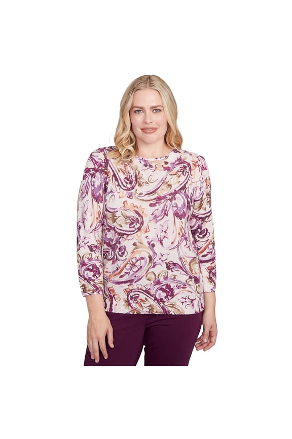 Womens Petite Shimmer Paisley Crew Neck Sweater
