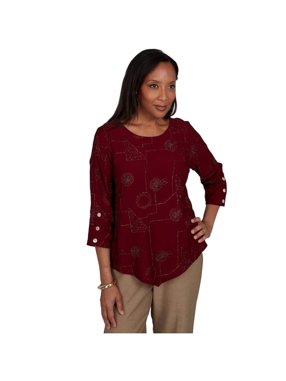 Womens Petite Sparkle Soutache Geo Floral Top
