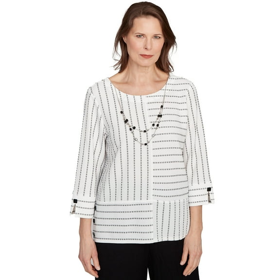 Alfred Dunner Womens Petite Splice Textured Stripe Top With Necklace