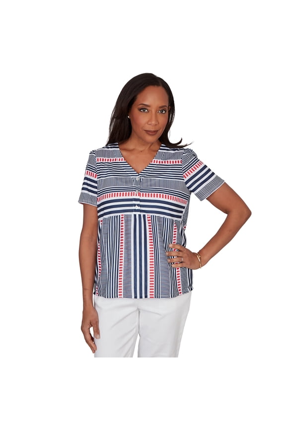 Womens Petite Spliced Mixed Stripe Flutter Sleeve Tee