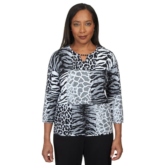 Alfred Dunner Womens Petite Split Neck Animal Patch Top