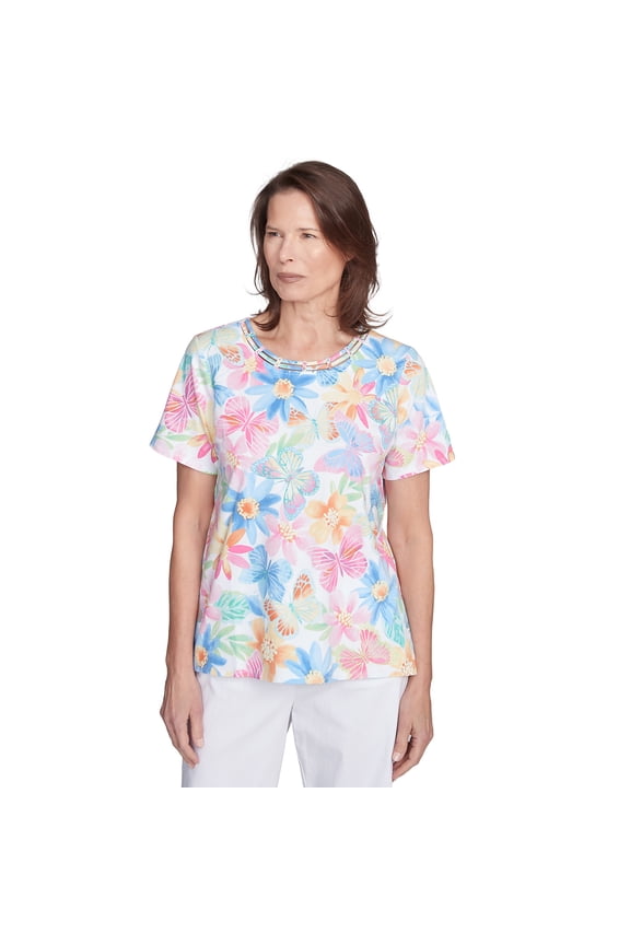 Womens Petite Spring Butterfly Crew Neck Top