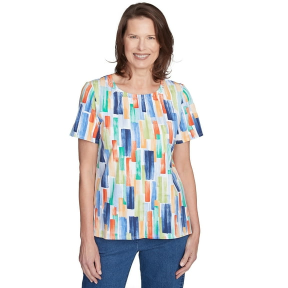 Alfred Dunner Womens Petite Stained Glass Pleated Crew Neck Top