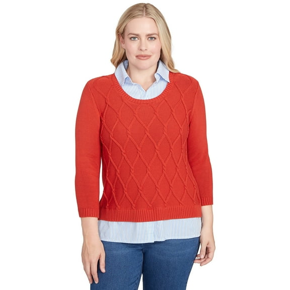 Alfred Dunner Womens Petite Stitched Cable Stripe Woven Trim Sweater