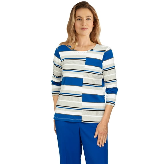 Alfred Dunner Womens Petite Stripe Embellished Crew Neck Knit Top