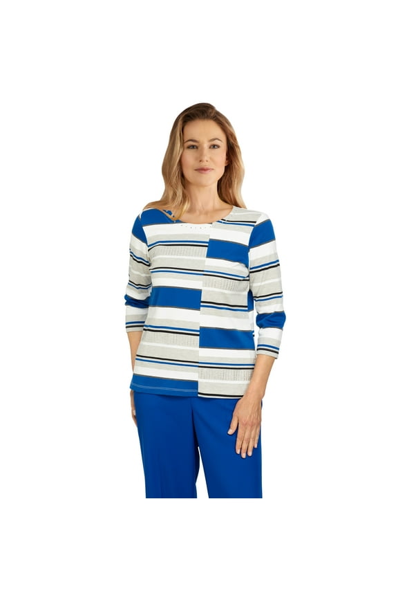 Womens Petite Stripe Embellished Crew Neck Knit Top