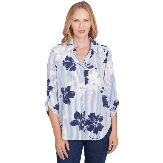 Alfred Dunner Womens Petite Striped Flower Button Front Tie Sleeve Blouse