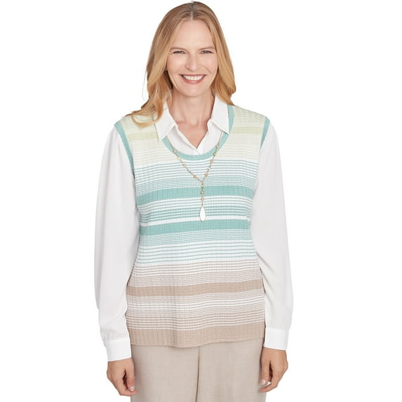Alfred Dunner Womens Petite Striped Vest Collared Two In One Sweater With Necklace