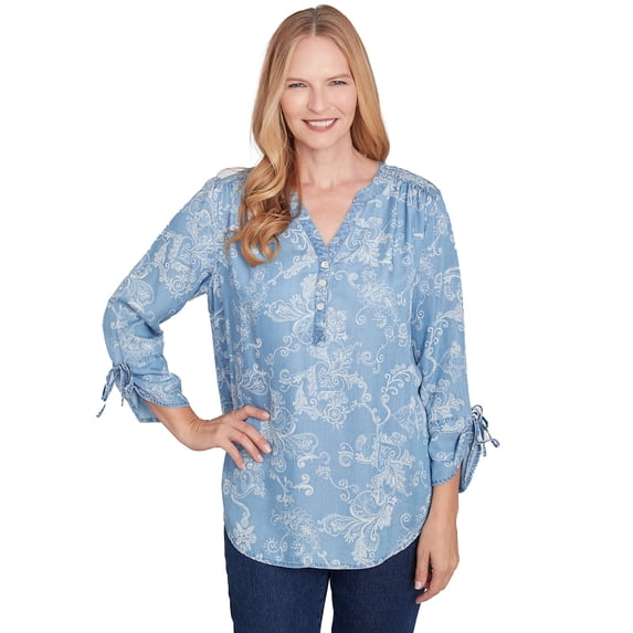 Alfred Dunner Womens Petite Super Soft Scoll V-Neck Henley Top