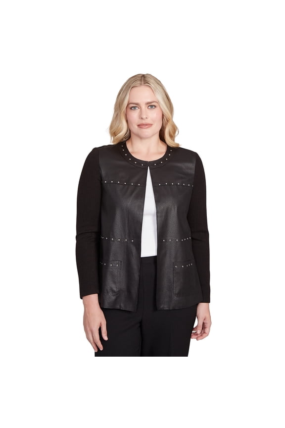 Womens Petite Sweater Trim Faux Leather Jacket