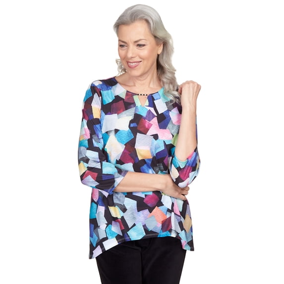 Alfred Dunner Womens Petite Texture Squares Sharkbite Hem Top
