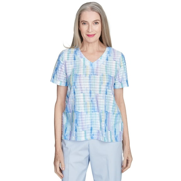 Alfred Dunner Womens Petite Textured Brushstroke Short Sleeve Tee