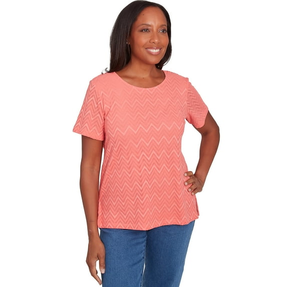 Alfred Dunner Womens Petite Textured Chevron Lace Back Tee