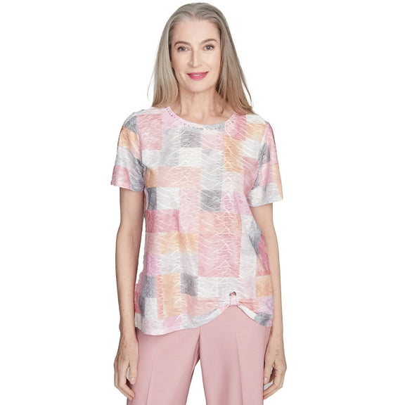 Alfred Dunner Womens Petite Textured Colorblock Crew Neck Tee
