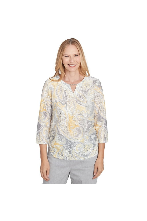 Womens Petite Textured Paisley Beaded Neck Top