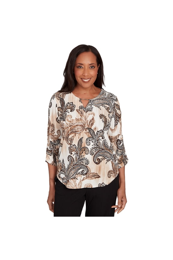 Womens Petite Textured Paisley Ruched Sleeves Top