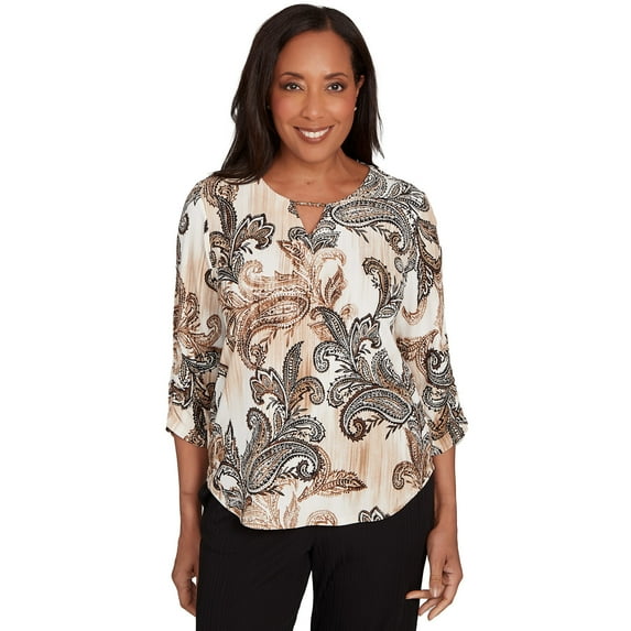 Alfred Dunner Womens Petite Textured Paisley Ruched Sleeves Top