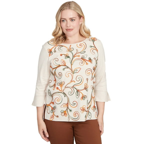 Alfred Dunner Womens Petite Textured Scroll Embroidered Top