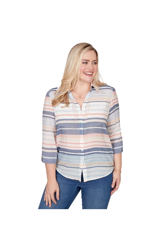 Womens Petite Textured Stripe Button Front Top